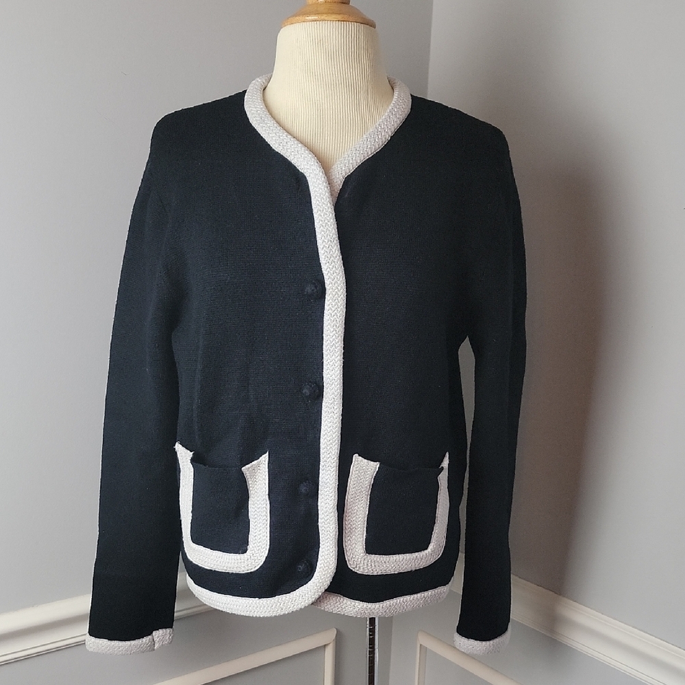 SEZANE Auguste Black White Knit Old Money Designer Lady‎ Cardigan Sweater L